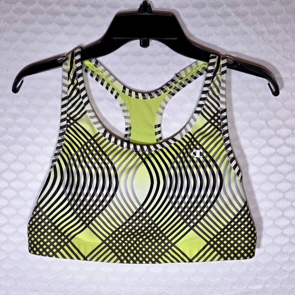 Champion Double Dry Sports Bra XL Yellow-Lime Green Black Geometric Racerback